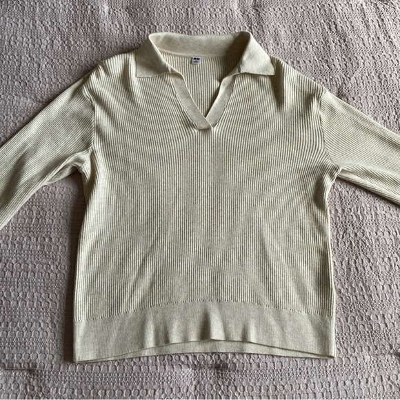 Uniqlo Washable Knit Ribbed Polo V Neck Sweater Long Sleeve Top Small Collar - Picture 4 of 14